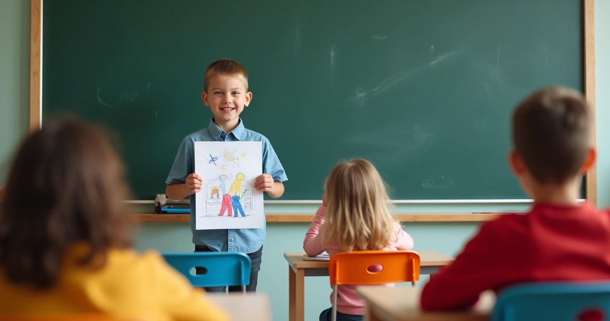 Menino apresentando trabalho escolar na frente da turma 