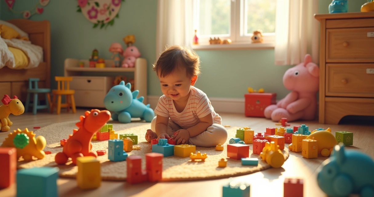 Criança guardando brinquedos de forma lúdica com cenário colorido e brinquedos espalhados no quarto 