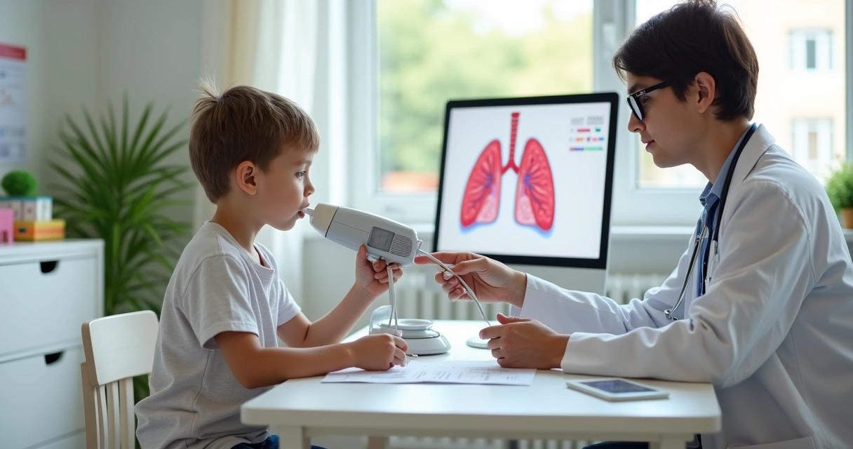 Criança sopra em aparelho de espirometria durante consulta respiratória pediátrica 