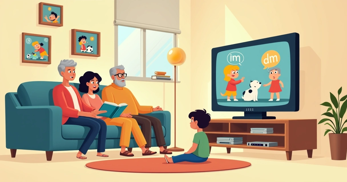 Criança pequena assistindo desenho clássico em família na sala de estar 