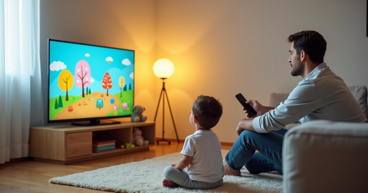 Criança pequena assistindo televisão em sala de estar aconchegante ao lado do pai 