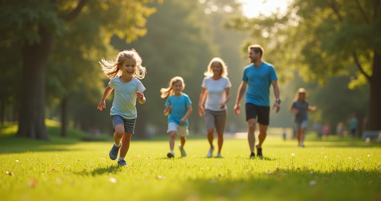Criança correndo em parque com a família ao fundo 
