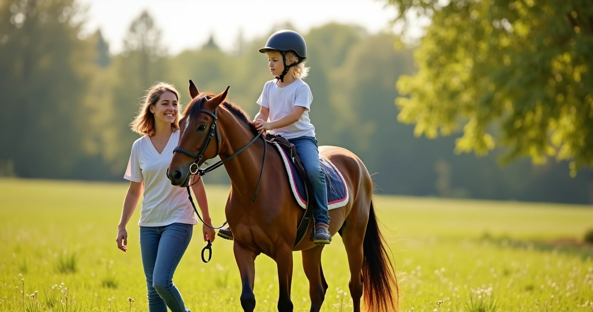 Criança autista em equoterapia com terapeuta ao lado do cavalo 
