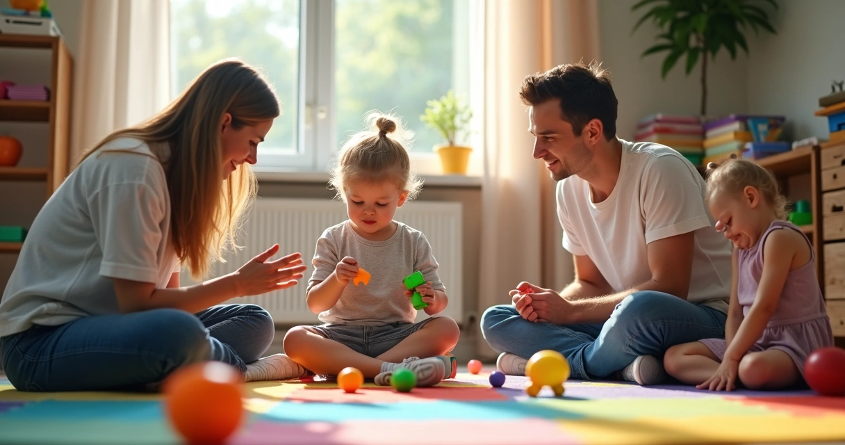Criança brincando com terapeutas e pais em sala de terapia 