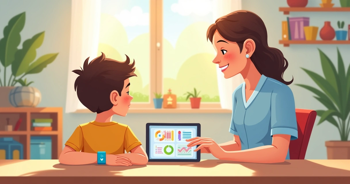 Menino usando pulseira com sensor e terapeuta acompanhando em tablet 