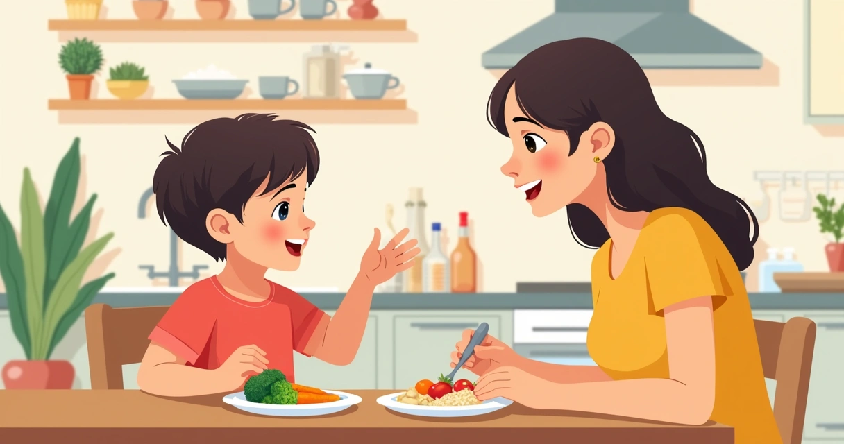 Criança autista sentada à mesa com alimentos variados 