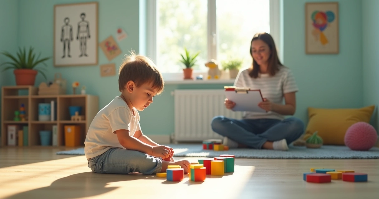 Criança em sala colorida alinhando blocos enquanto adulto observa acolhendo 