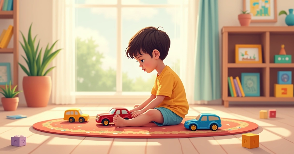 Criança autista sentada no tapete brincando com carrinhos 