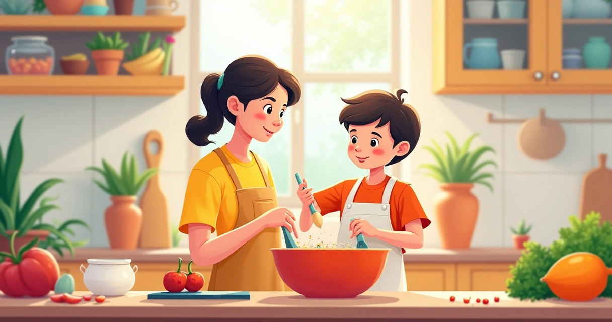 Criança e adulto cozinhando juntos em uma cozinha colorida 