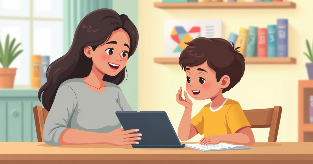 Criança autista conversando com adulto enquanto usam tablet 