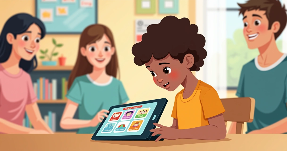 Criança autista usando tablet com aplicativos educacionais 