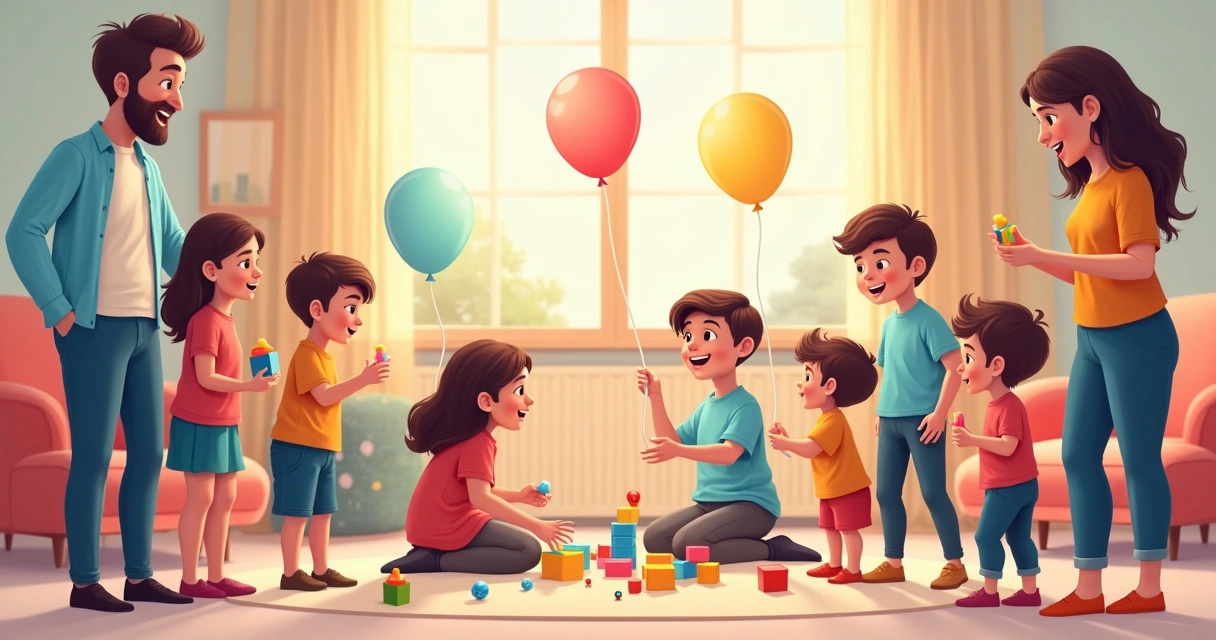 Criança autista interagindo em festa inclusiva, balões coloridos e adultos ao fundo 