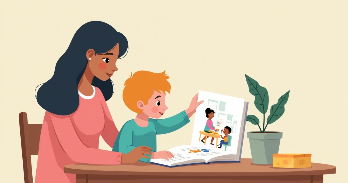 Criança folheando um livro com ilustrações simples e coloridas. 