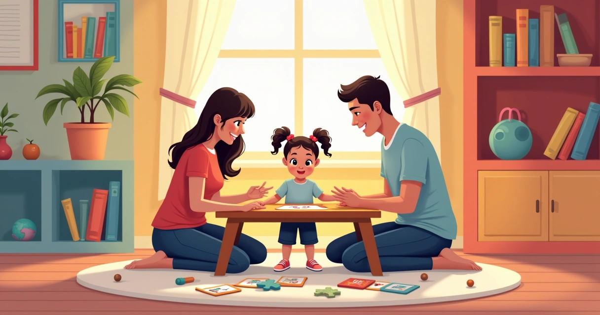 Criança autista interage com pais e terapeuta em sala colorida e acolhedora. 