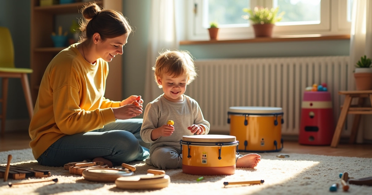 Criança autista em sessão de musicoterapia com instrumentos musicais 