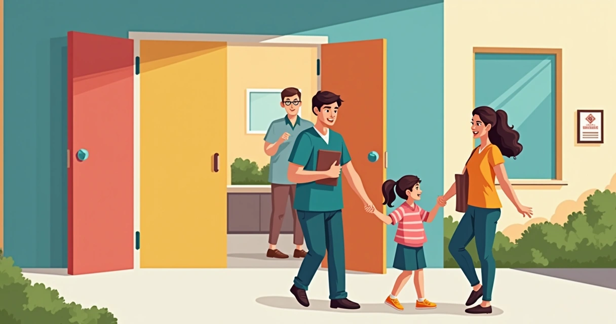 Criança segurando a mão do responsável chegando à nova escola. 