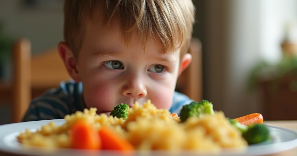 Menino pequeno olhando curiosamente para prato infantil colorido com alimentos diversos 