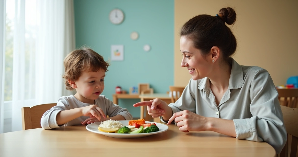 Criança autista em mesa com alimentos variados e terapeuta ajudando na refeição 