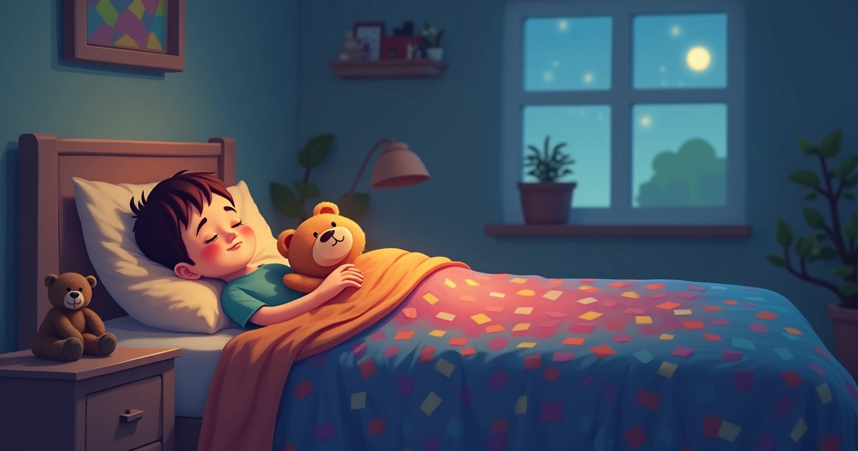 Criança autista deitada em uma cama com cobertor colorido, quarto escuro com luz suave, ursinho ao lado, ambiente calmo com móveis simples 