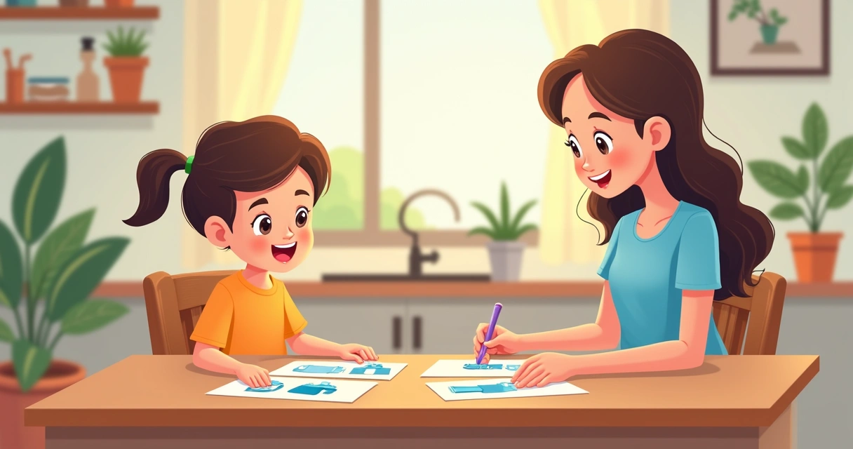 Criança autista usando cartões de autoinstrução coloridos durante rotina matinal 