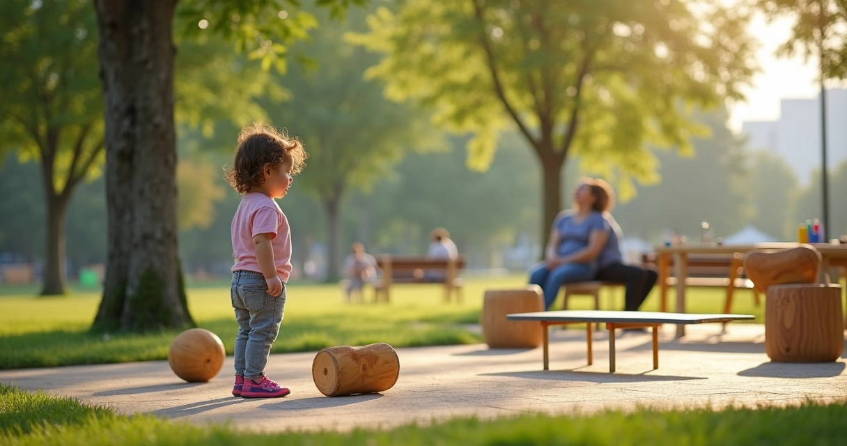 Criança pequena escolhendo brinquedo em parque com pais ao fundo 
