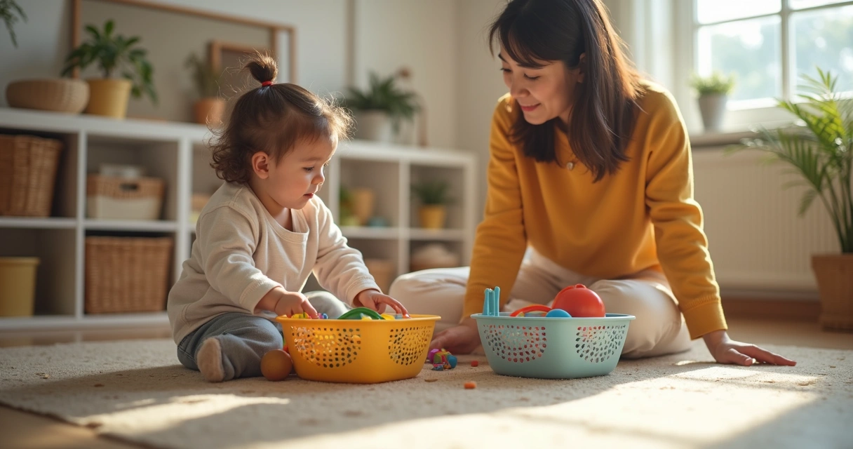 Criança organizando brinquedos com ajuda discreta de um adulto 