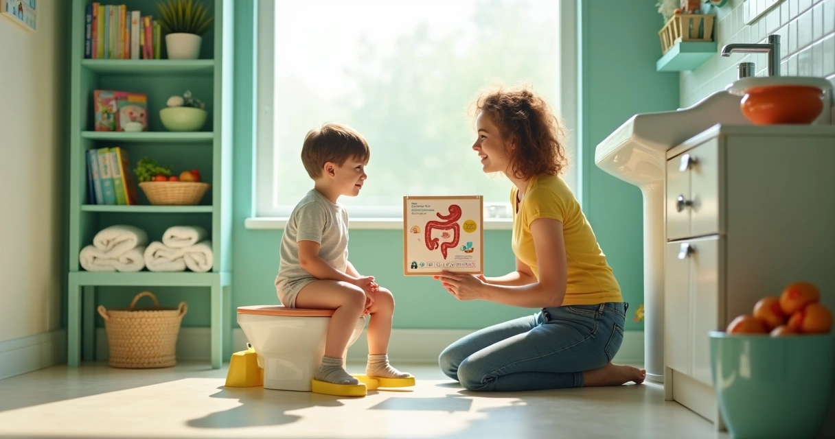 Criança pequena em banheiro infantil segurando quadro ilustrando rotina intestinal saudável 