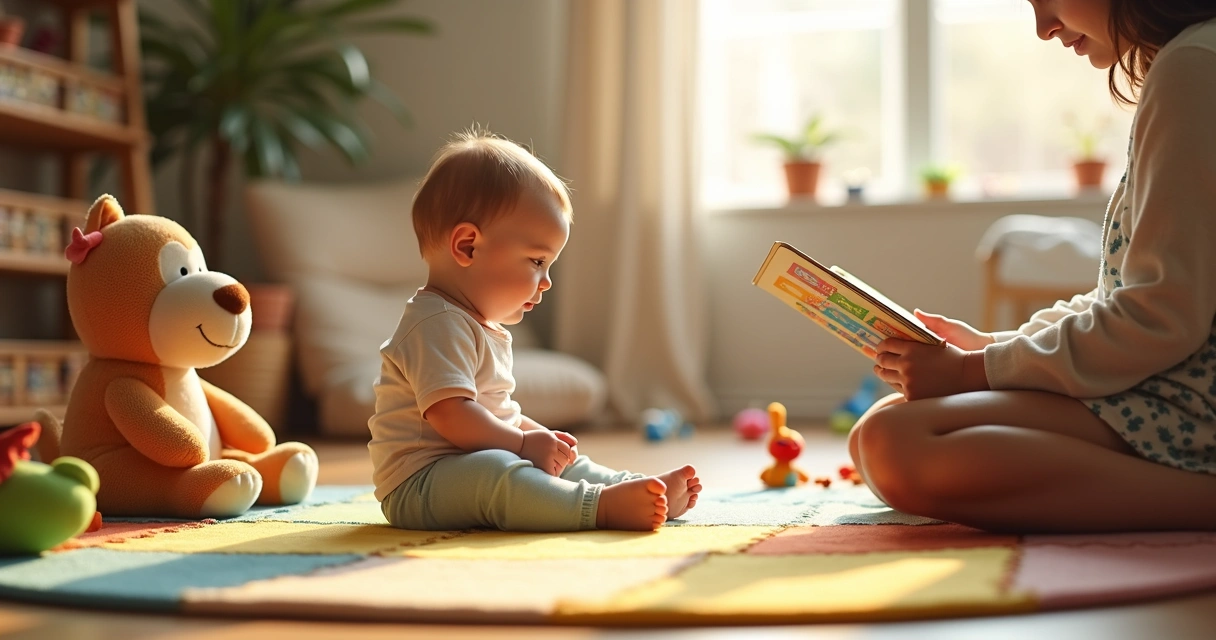 Bebê ouvindo história simples com brinquedos ao redor 