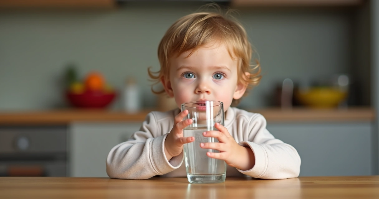 Criança pequena bebendo água em copo transparente 