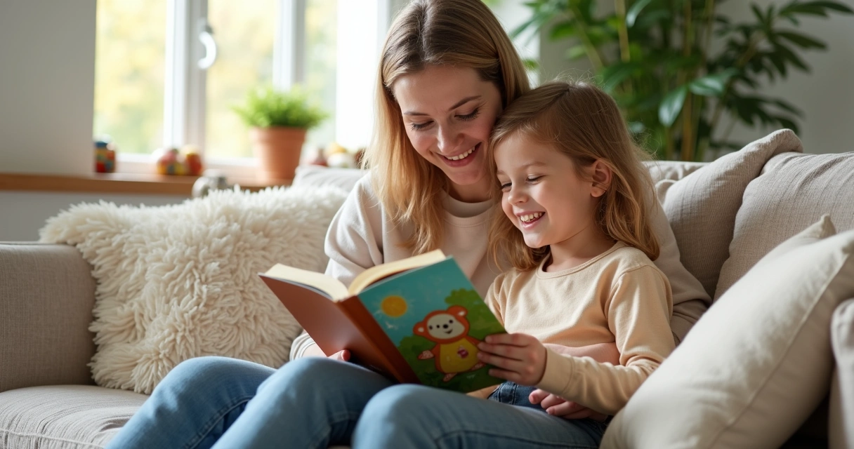 Criança sorrindo lendo Bíblia infantil com mãe em ambiente acolhedor 