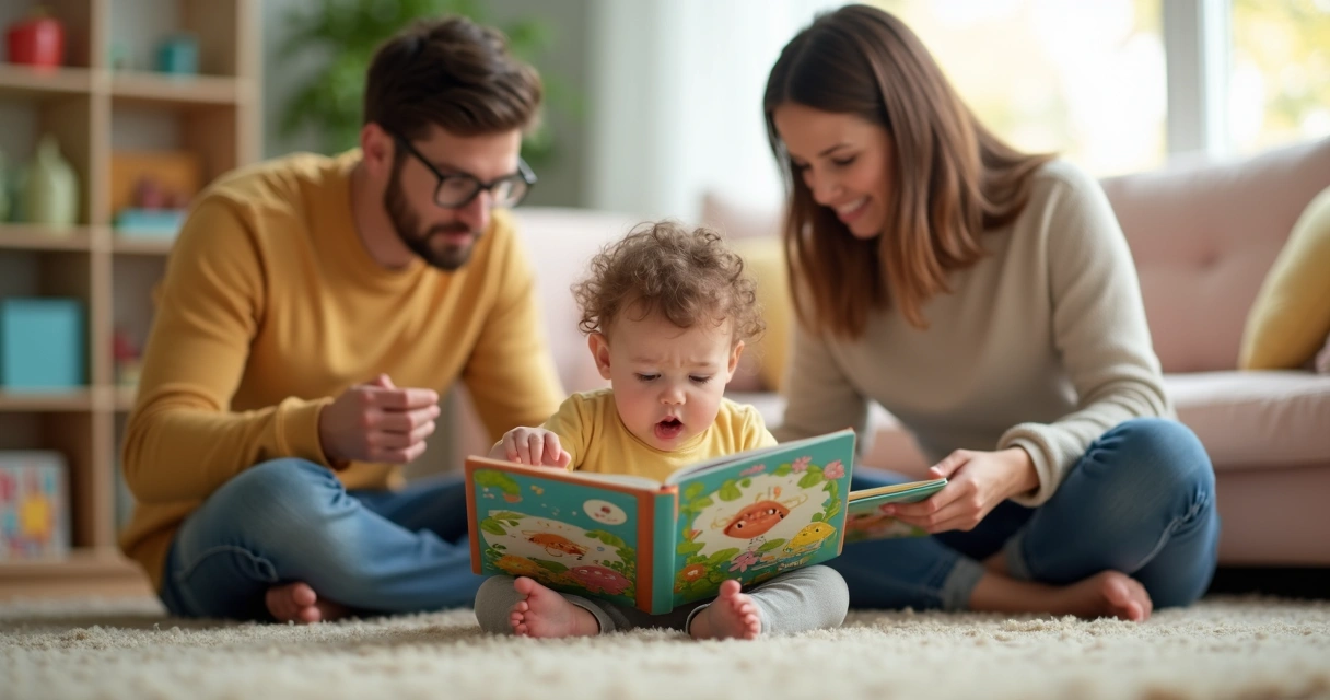Criança pequena fazendo birra sentada no chão com os pais sentados próximos lendo uma historinha 