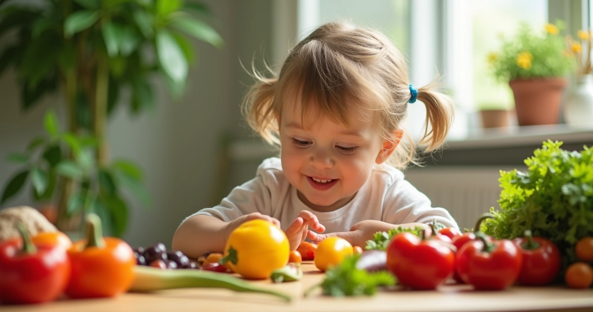 Criança explorando alimentos coloridos em mesa 