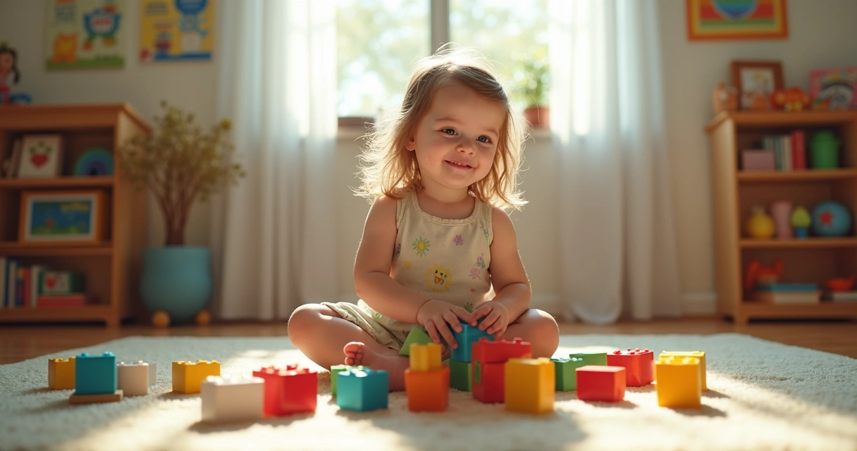Menina pequena sentada no chão brincando com blocos coloridos em sala iluminada 