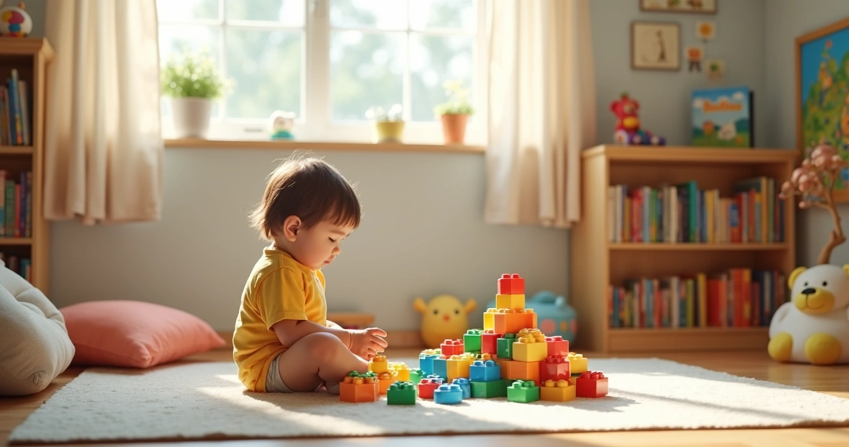 Criança pequena brincando sozinha com blocos de montar em ambiente colorido e organizado 
