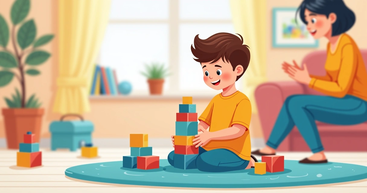 Menino autista brincando com blocos de montar coloridos 