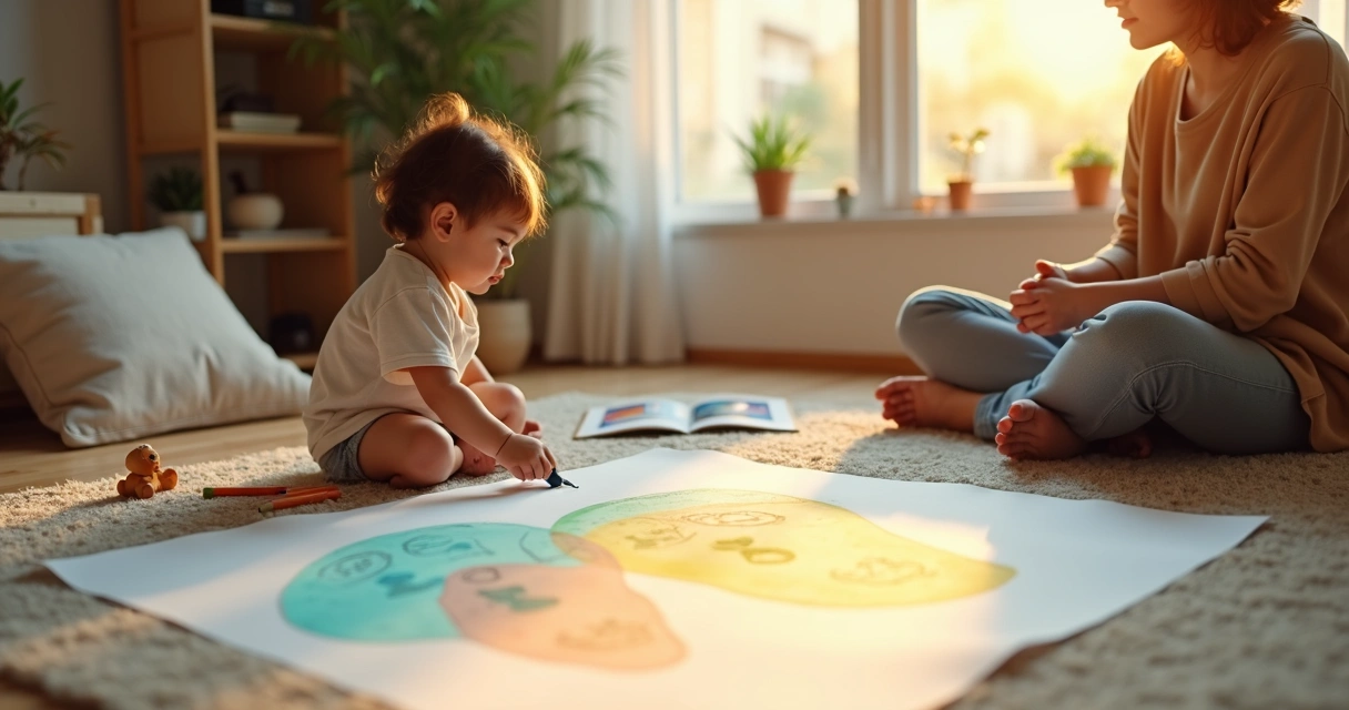 Criança pequena desenhando silhuetas coloridas ao lado de adulto em ambiente calmo 