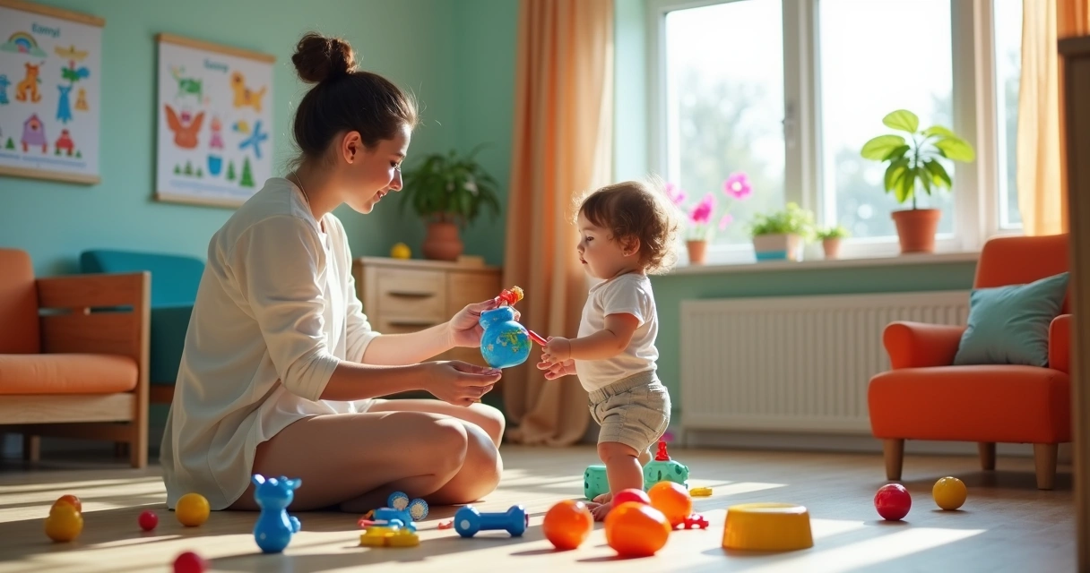 Criança em sala de terapia com brinquedos coloridos, terapeutas ao fundo