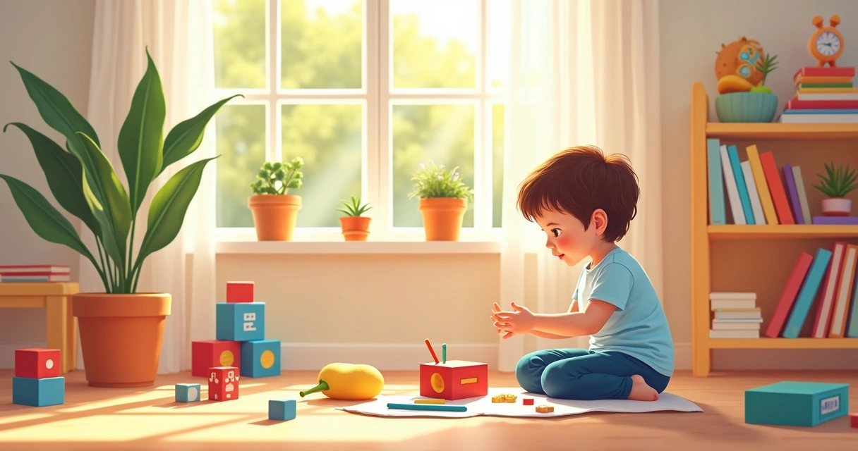 Criança autista brincando com blocos coloridos e brinquedos variados 