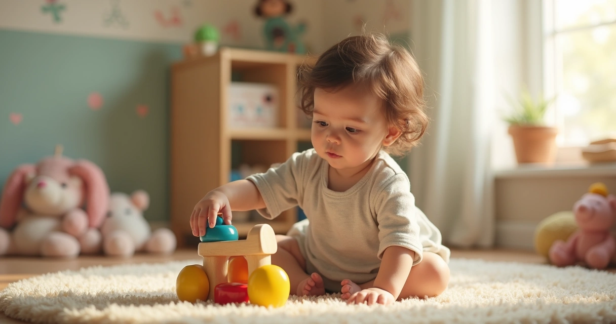 Criança pequena estendendo a mão gentilmente para brincar com brinquedo colorido em ambiente acolhedor 