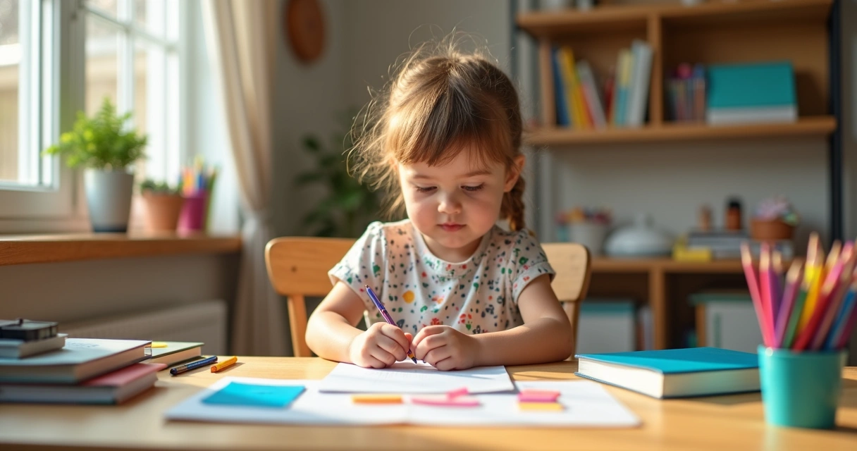 Criança brincando com material de escritório colorido em mesa de madeira clara 