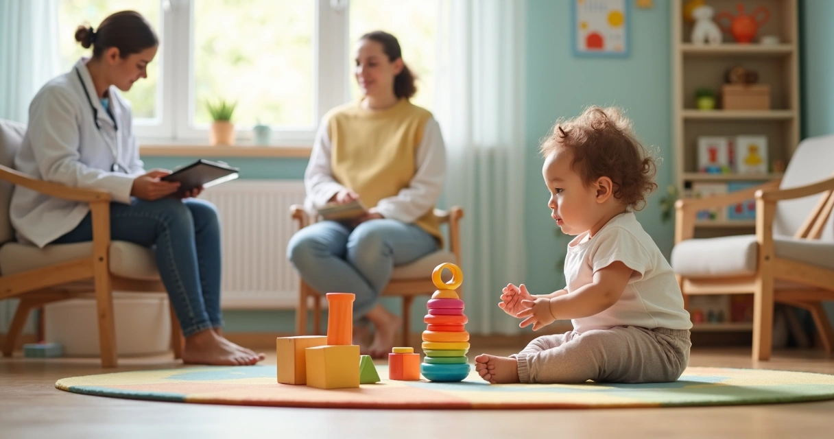 Pediatra observa criança pequena brincando em tapete colorido com brinquedos diferentes. 