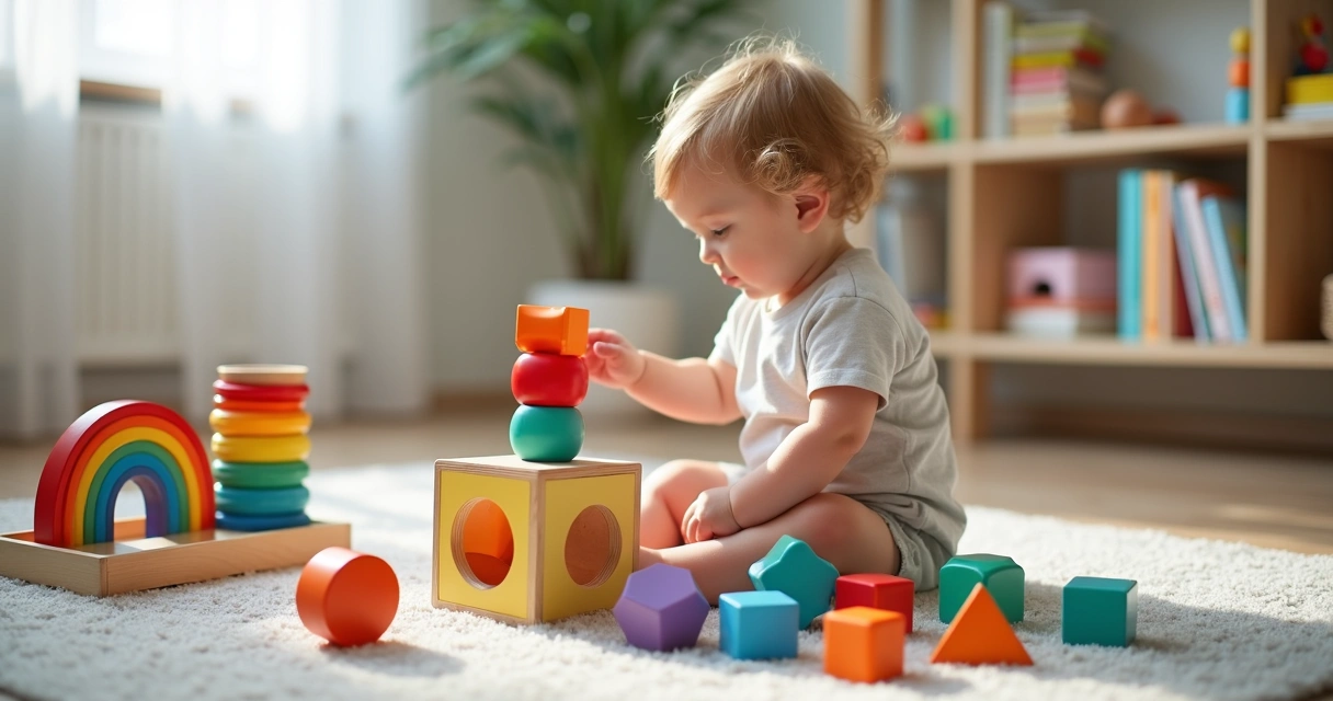 Criança pequena brincando com blocos coloridos de cores e formas diferentes em um tapete 