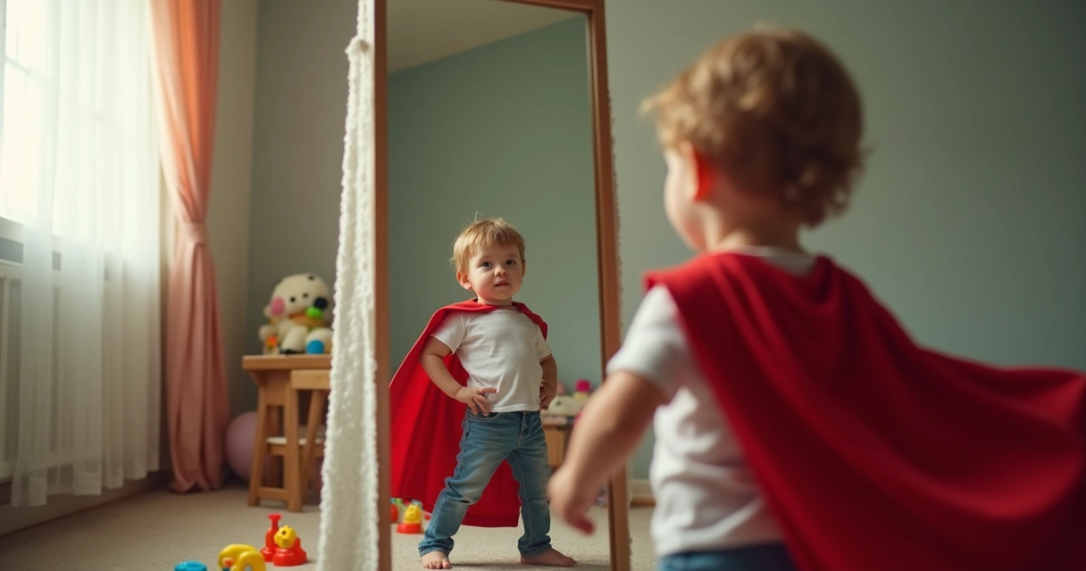 Criança olhando para o espelho, imitando uma pose heroica 