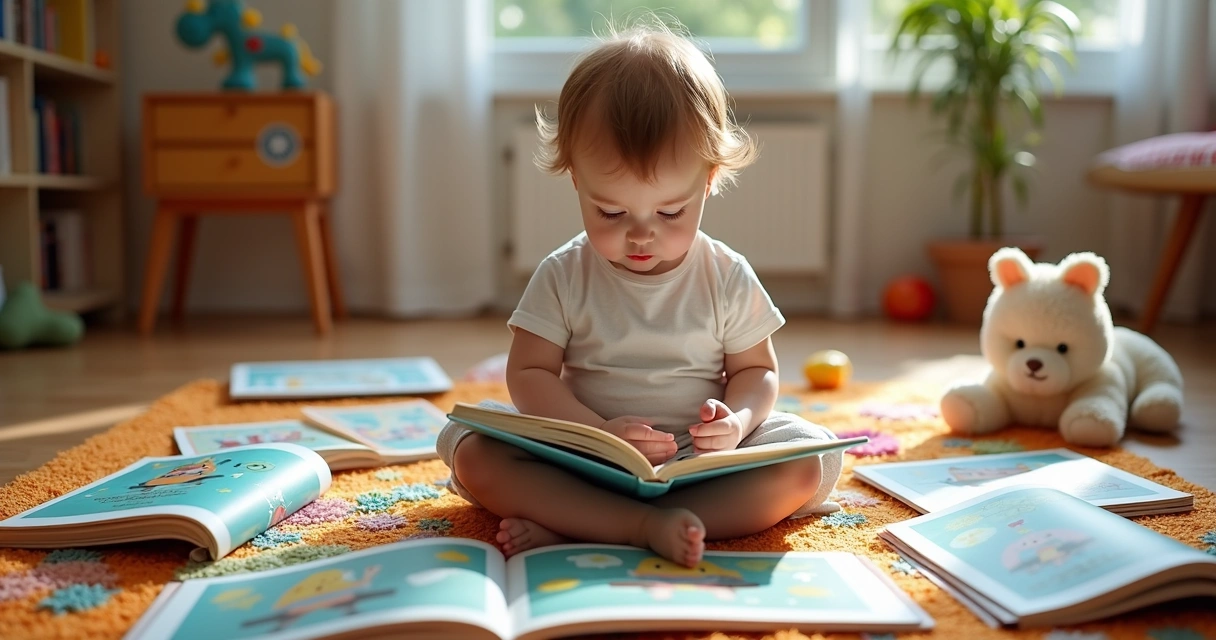 Criança pequena brincando com livro aberto no chão 