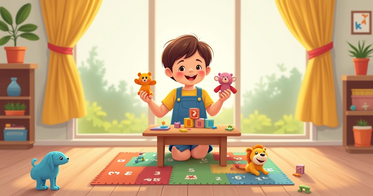 Criança brincando em uma mesa colorida com brinquedos educativos 