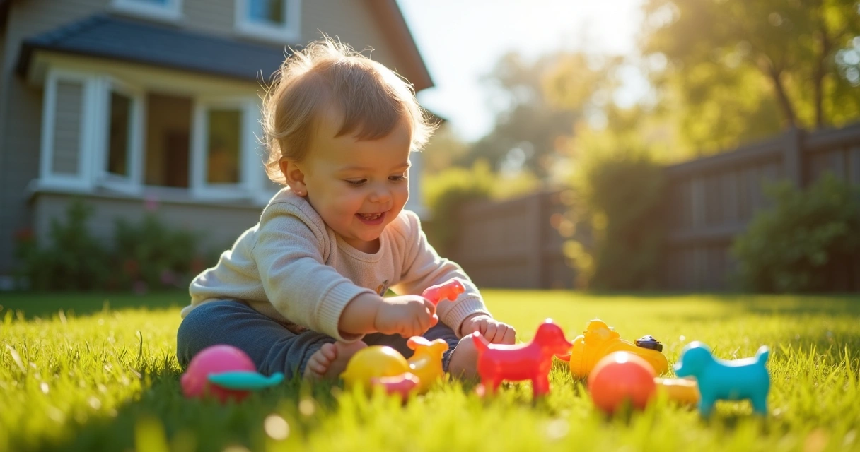 Criança brincando em um jardim, sorrindo, com brinquedos espalhados