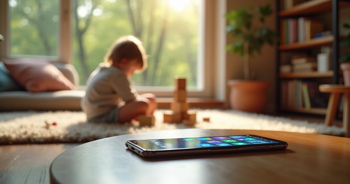Criança pequena brincando no chão enquanto celular aceso está sozinho em uma mesa 