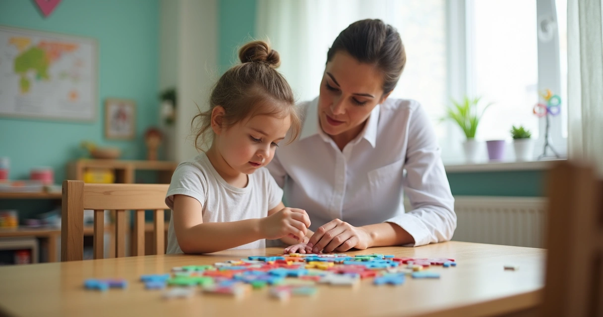 Criança montando um quebra-cabeça em sessão de terapia 