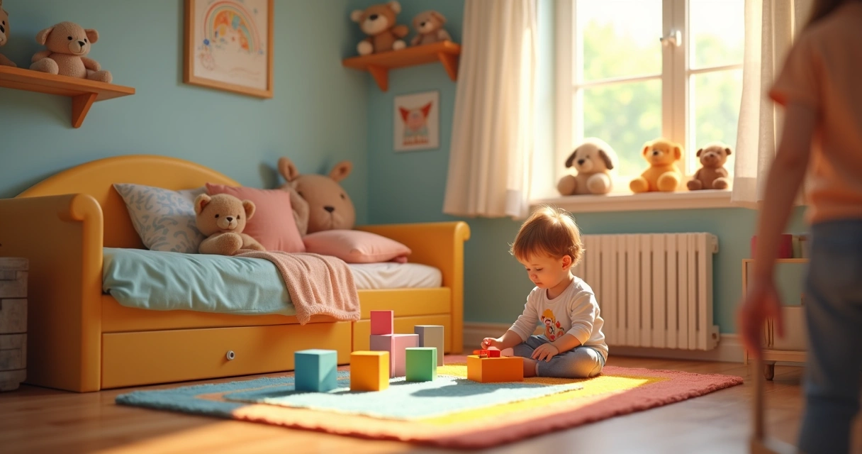 Criança brincando sozinha e satisfeita em seu quarto 