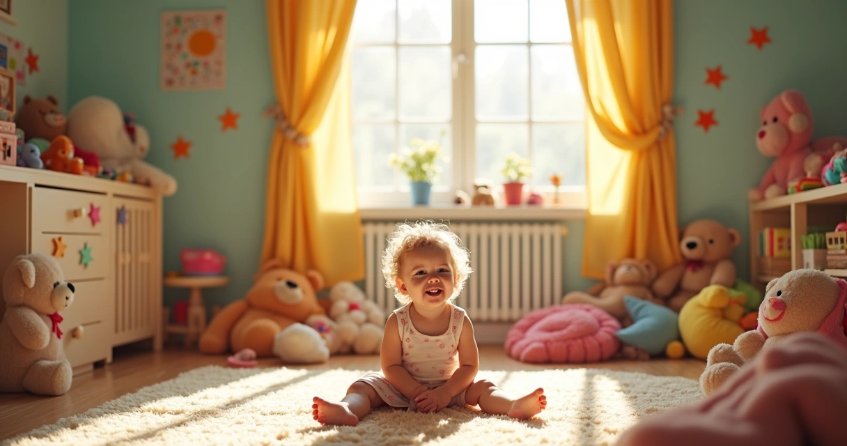 Criança pequena brinca em quarto com tapete, pelúcias e brinquedos 